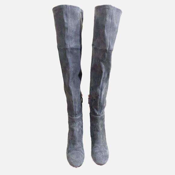 NWOB Tory Burch Gray Suede Over the Knee Boots Women's Sz 7 Side Zip Bow Detail - Picture 2 of 12